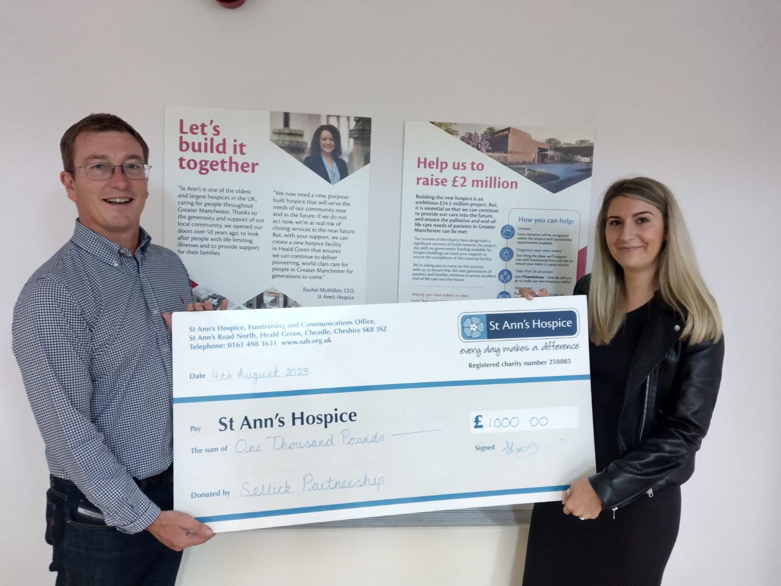 Group Director Ray Wareing (L) and Senior Marketing Executive Samantha Hattersley (R) visited us to present us with a cheque.